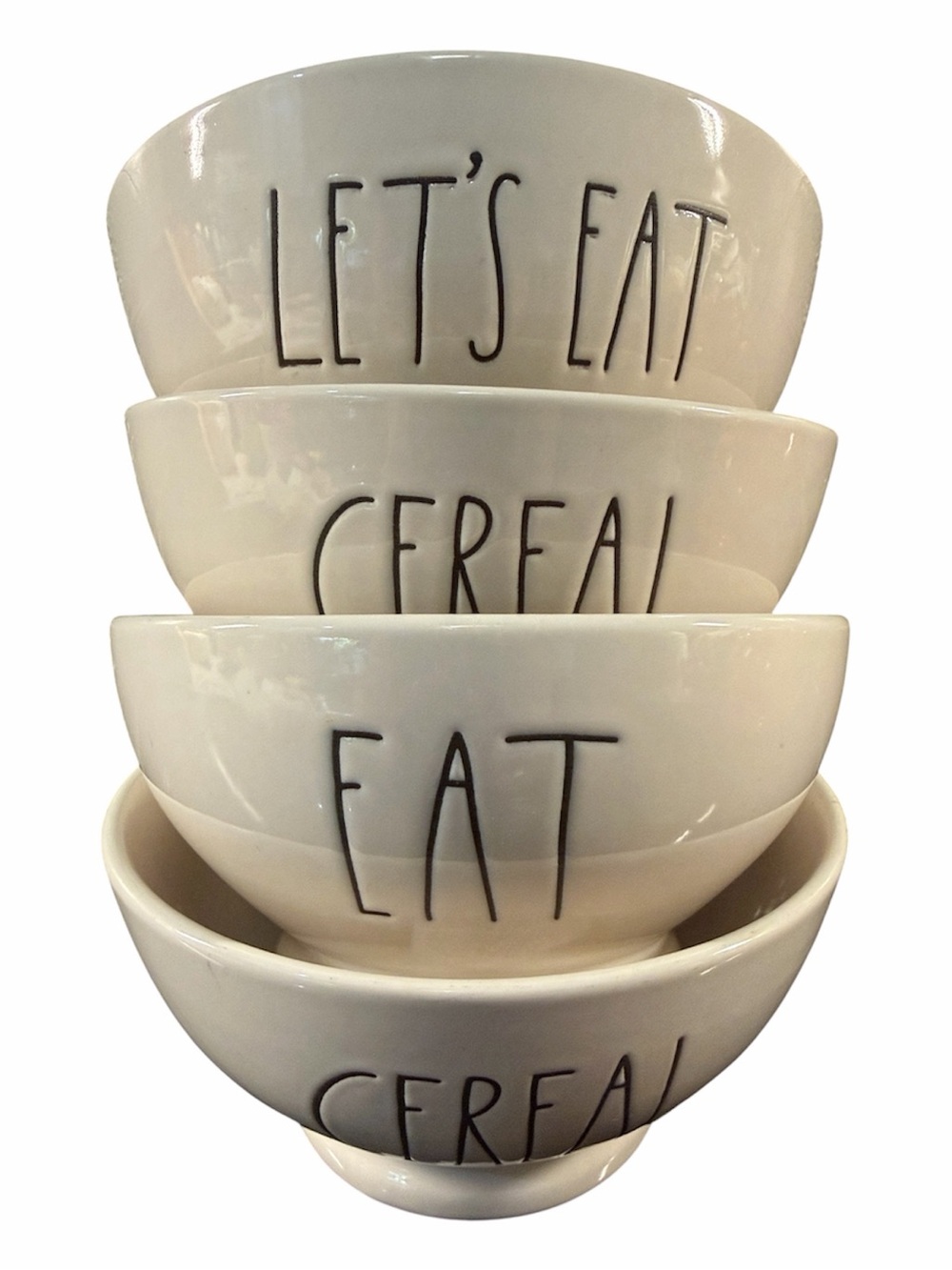 Set of 4 Rae Dunn White Ceramic Let's Eat Cereal Stackable Cereal Bowls Rare